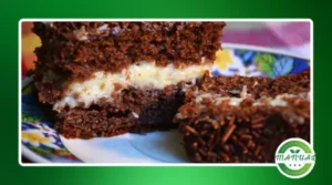 Uma receita de bolo de prestígio com cobertura de chocolate