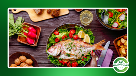 peixe assado com batatas e legumes